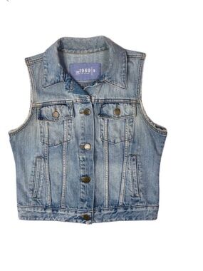 Gap 1969 Vintage Denim Icon Flap Vest Crop Distressed Blue Sleeveless 6 Pocket S